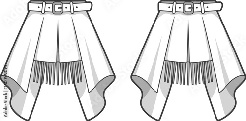Cad drawing flat vector illustration of women's high low hem mini skirt, belt detail, fringe panel, fashion design front and back view