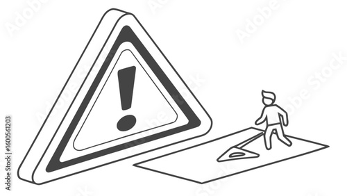 A person walking on a path with a trap near a large warning sign with exclamation point symbol
