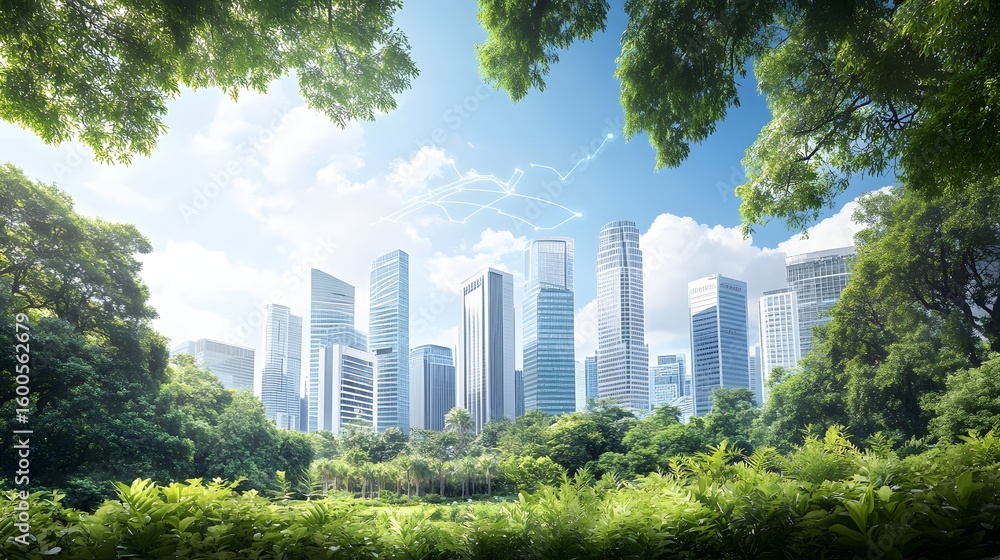 Fototapeta premium City skyline seen through green foliage under a bright blue cloudy sky.
