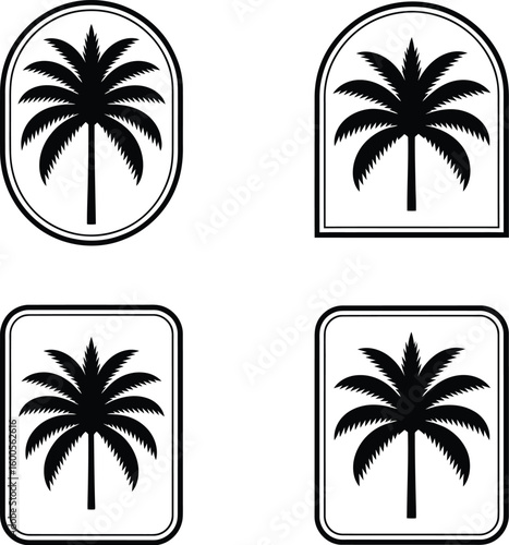 Collection of diverse black silhouette palm trees on white background