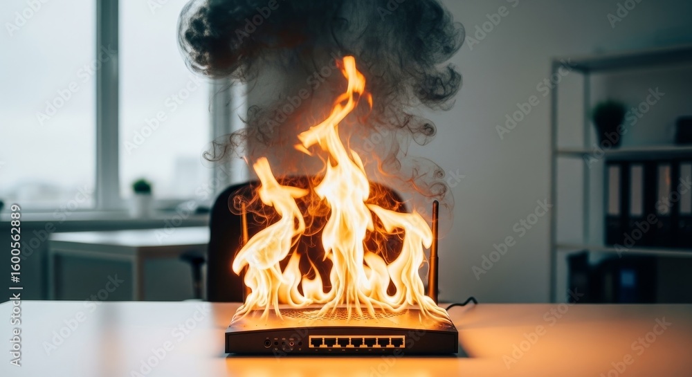 Fototapeta premium Burning Router Network Failure - A router engulfed in flames on a desk, signifying network failure and technological malfunction