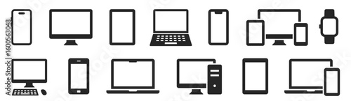 Device icons set. Smartphone, laptop, desktop computer, tablet, smartwatch, mobile phone, keyboard and mouse - stock vector.