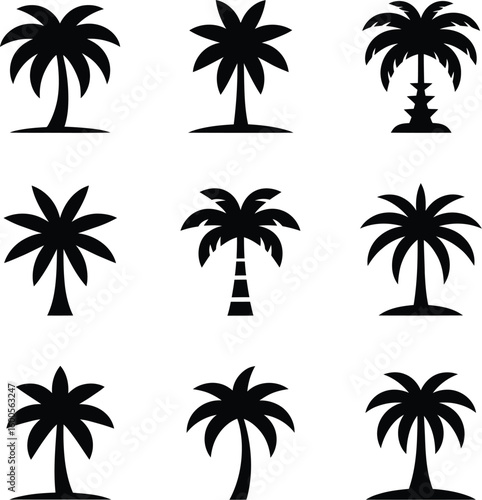 Collection of silhouetted palm trees in various styles