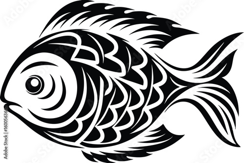 Stylized black and white fish illustration displays bold, tribal inspired lines and forms