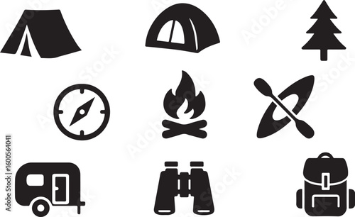 Black and white camping and outdoor recreation icons isolated on white background