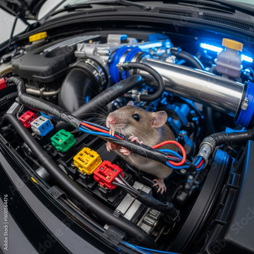 Abstract image of a mouse chewing on wires in a tuner car engine bay