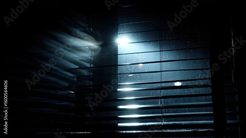 Dark room, window with blinds, light streaks