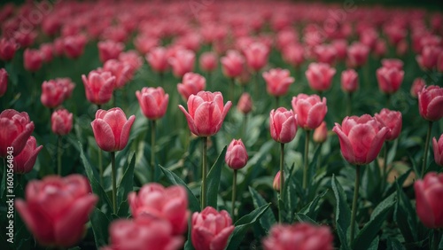 Field of vibrant pink tulips with blurred foreground and background creating a soft focus effect in a natural outdoor setting.