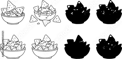 set of Cartoon Bowl of Nachos and Cheese, or Tortilla Chips Clipart on a Transparent Background - Outline, Silhouette and Color Variations. on white background