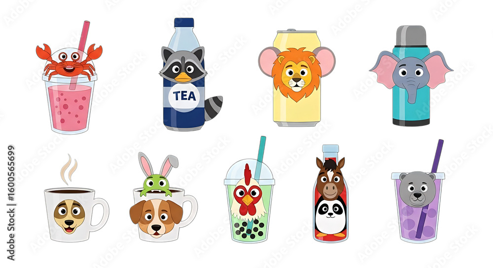 Fototapeta premium Collection of fun animal themed drinks and cups isolated on transparent background