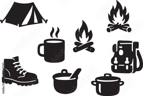 Simple black and white camping adventure icon collection with tent bonfire backpack and boots