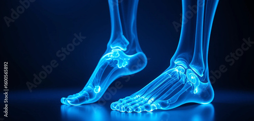 Anatomical 3D Render: Blue Transparent Human Feet and Ankle Bones, Medical Illustration, Healthcare Concept