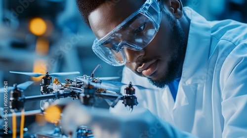 A technician wearing protective goggles closely inspects and analyzes the intricate components of a drone in a futuristic technology driven laboratory environment