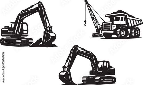 Vector illustration of construction vehicles including excavator and dump truck machinery