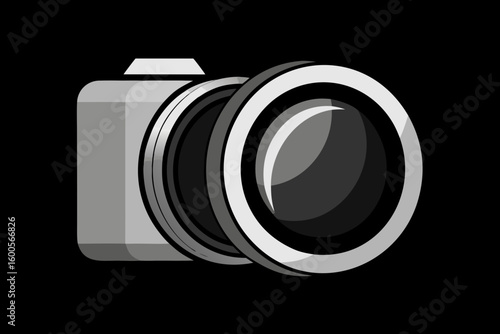 Graphic illustration of a modern camera and lens design on a black background