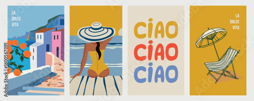 La Dolce Vita. Collection of cute summer posters, cards templates with  a beautiful woman on the seashore, beach lounger on the seashore and and views of Italy. Trendy summer design for branding ads, 