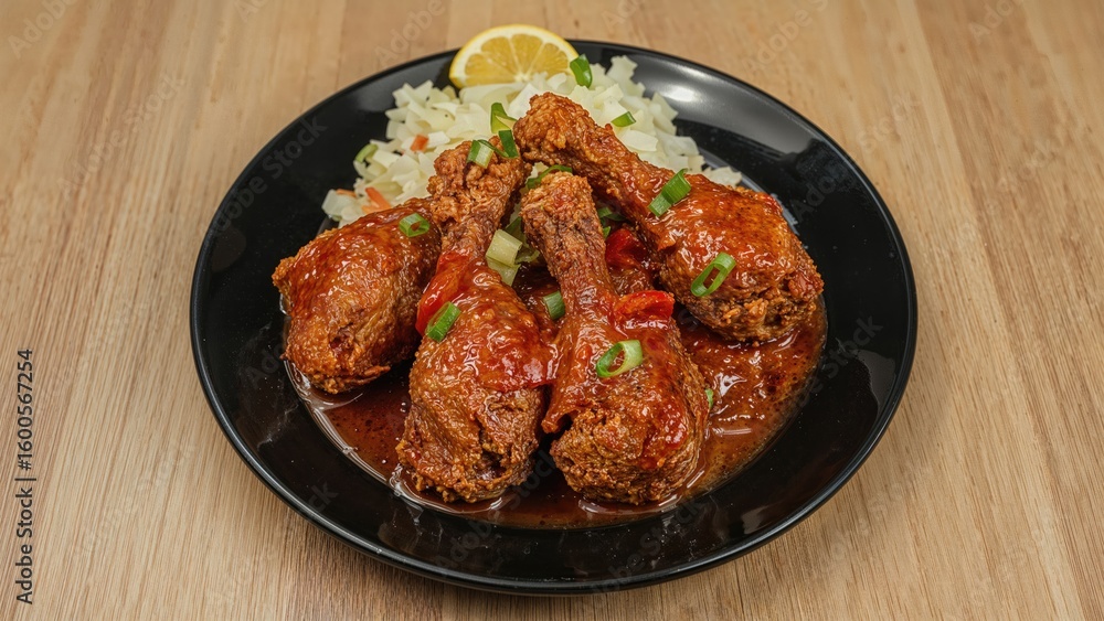 Fototapeta premium Spiced Fried Chicken Arranged on a Dark Plate
