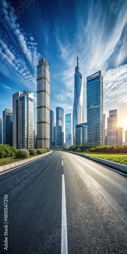 Modern cityscape with straight asphalt road leading to a horizon of sleek skyscrapers and bustling urban life