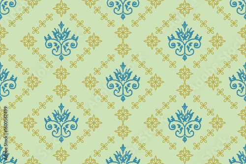 Classic yellow and teal damask design, elegant and timeless for luxury wallpapers, upholstery, and traditional textiles.