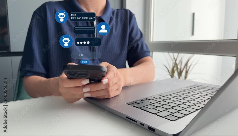 Woman talking to a robot assistant.Contact us chat bot for online support. Customer service, helpdesk advice online chat support.	