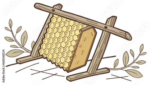 Honeycomb frame illustration for beekeeping and honey production with natural elements and wooden structure