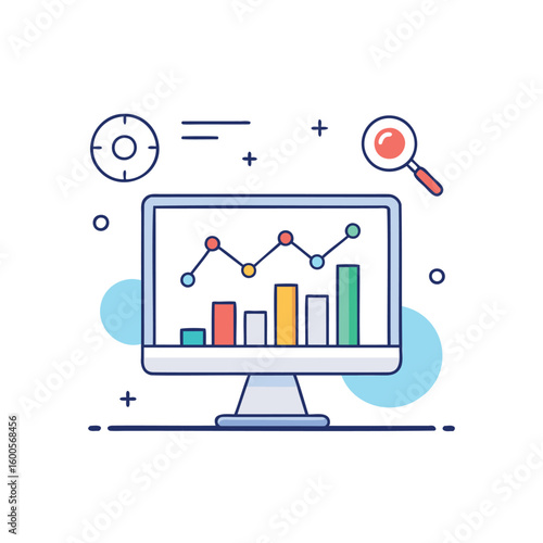 Computer screen displaying financial growth chart and magnifying glass isolated on white background