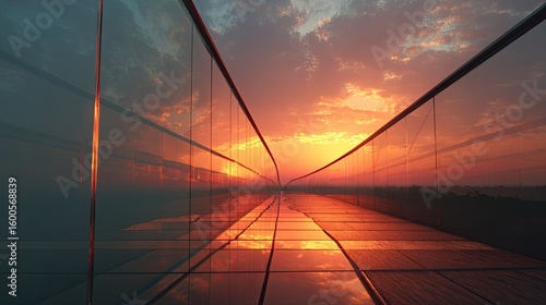 Sunrise walkway through glass walls