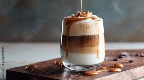 Caramel coffee layered drink in glass
