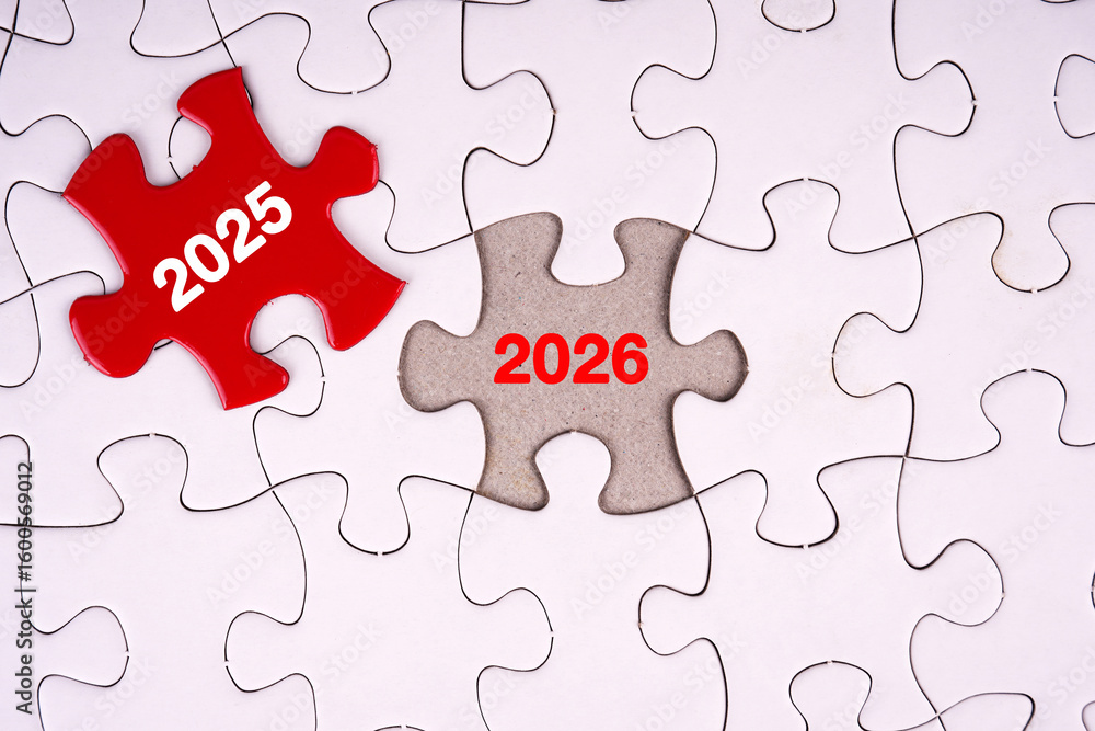 Fototapeta premium New year concept 2025 and 2026 on jigsaw puzzle