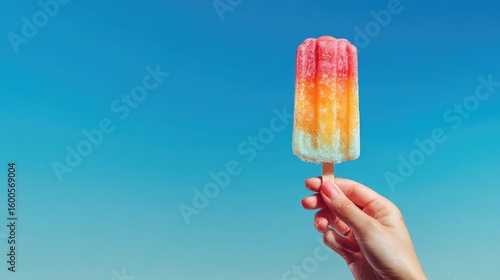 Hand holds vibrant popsicle against vibrant blue sky