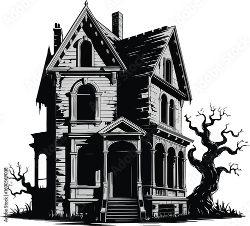 Spooky Victorian Haunted House Illustration: Monochrome, Eerie, Halloween Design