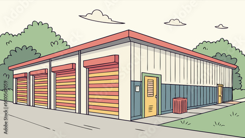 Cartoon storage unit building with roll up doors and landscape vector illustration for commercial use