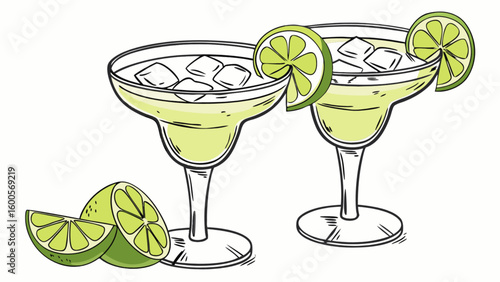 Two margarita cocktails with lime and ice cubes vector illustration for summer drink concept design