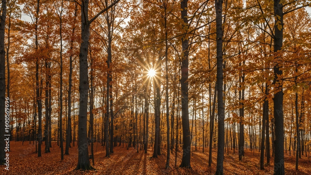 Fototapeta premium Warm sunlight streaming through the treetops in fall woods