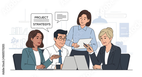 Diverse team collaborating on project strategies in a modern office setting.