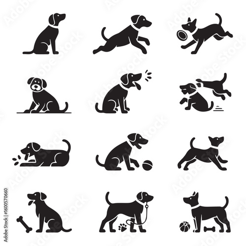 Vector art of a collection of diverse dog silhouettes showcasing various breeds and playful poses