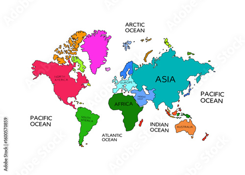 Colorful world map with labeled continents and oceans