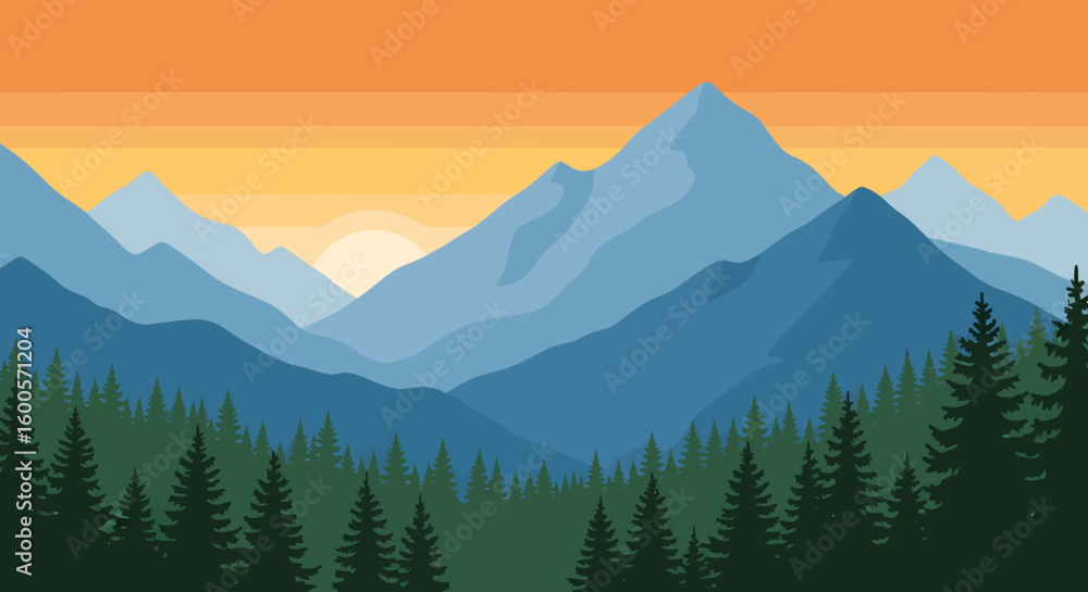 Fototapeta premium Layered Blue Mountain Range Silhouette with Evergreen Forest and Sunset Sky.