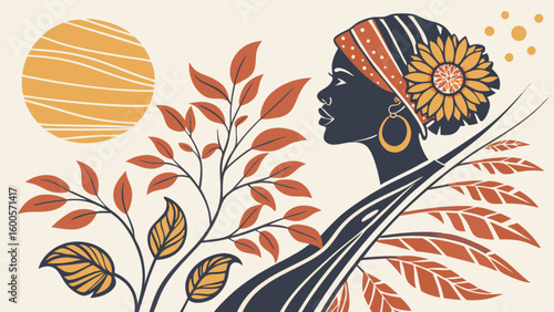 African american woman art print with head wrap, floral design, and sun illustration for home decor, wall art