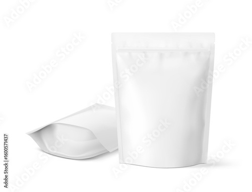 Realistic stand up pouch bag mockup with transparent shadow. Front view. Vector illustration isolated on white background. Ready for your design. EPS10.