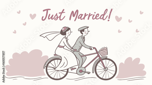 Just married couple riding bicycle wedding vector illustration marriage celebration newlywed bride groom ride