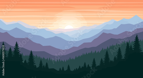Layered Mountain Range Silhouette with Forest and Sunrise in Muted Tones.