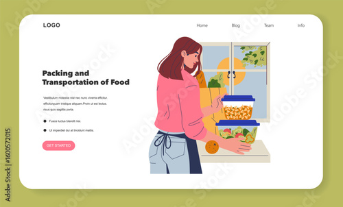 Woman Packing Food Containers in Kitchen Vector Illustration