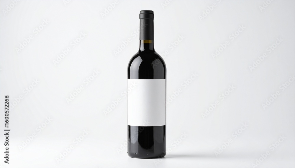Fototapeta premium Minimalist wine bottle with blank white label on a dark glass surface, isolated for product branding.