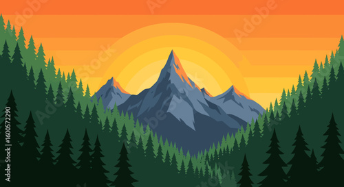 Majestic mountain peaks and evergreen forest under a vibrant sunset sky.