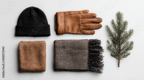 Winter Accessories Flatlay: Brown Gloves Black Knit Hat Beige Scarf