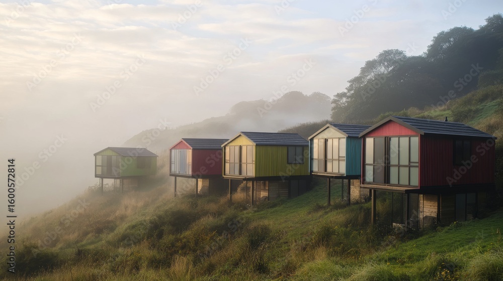 Fototapeta premium Colorful modern cabins stand amidst a misty landscape. They offer a beautiful getaway spot for nature lovers. Enjoy the serene views and fresh air. Generative AI