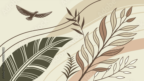 Abstract botanical art print with flying bird and leaves vector illustration for wall decor design