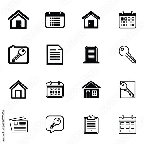 Collection of simple black and white outline icons representing home calendar document and key symbols