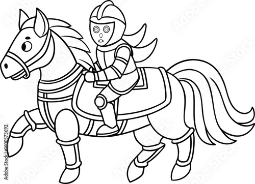 Black outline of a fantasy knight on horse in bold cartoon look Vector illustration